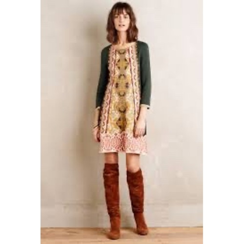 Knitted & Knotted Anthropologie Boho‎ Tapestry Sweater Dress Green Small